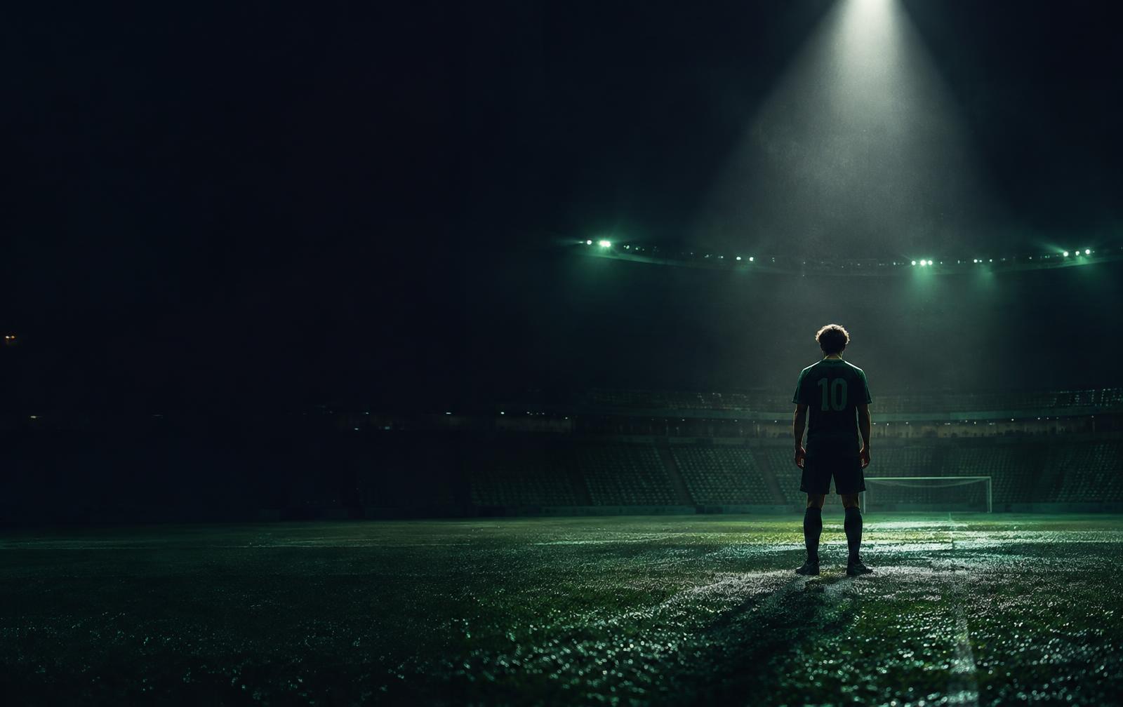 A lone young footballer standing in a single spotlight on a dark, empty pitch