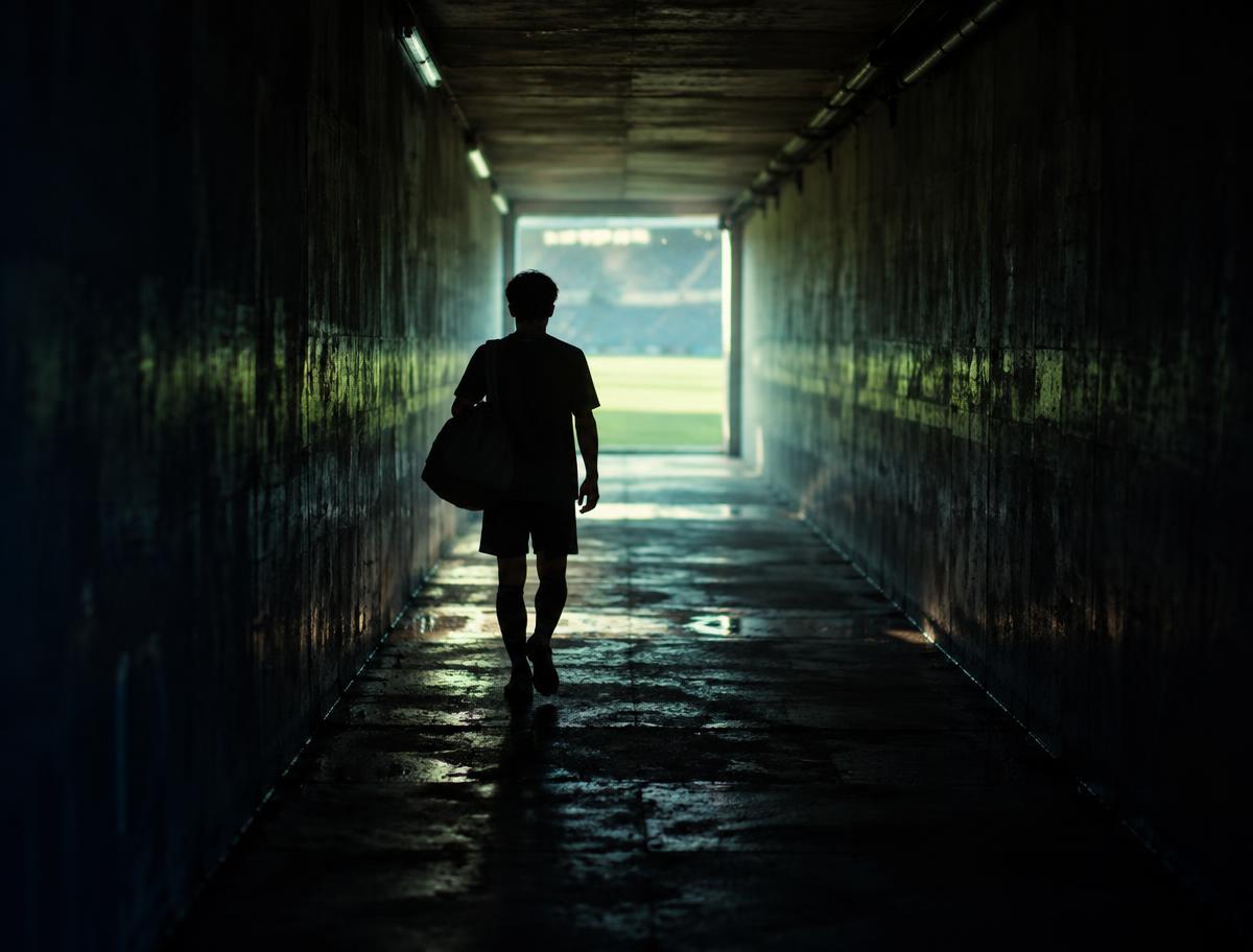 A young footballer walking down a dark tunnel toward a bright opening onto a pitch